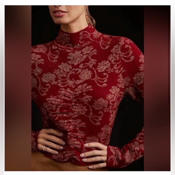 NWT Anthropologie Floral Ruched Mock Neck Sweater Size M - Picture 2 of 15